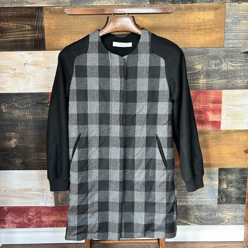 TELA women Jacket Button Clasp Plaid Wool Coat Mid Length 42 Small